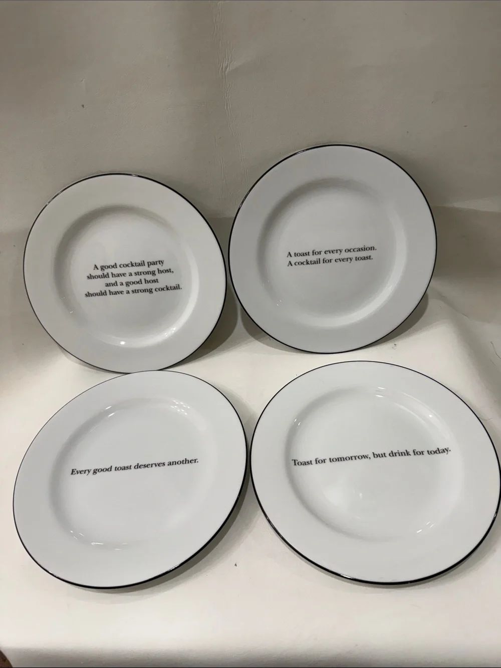 Pottery Barn White Porcelain Salad Dessert Saucers Plates Black Rim Toast Quotes